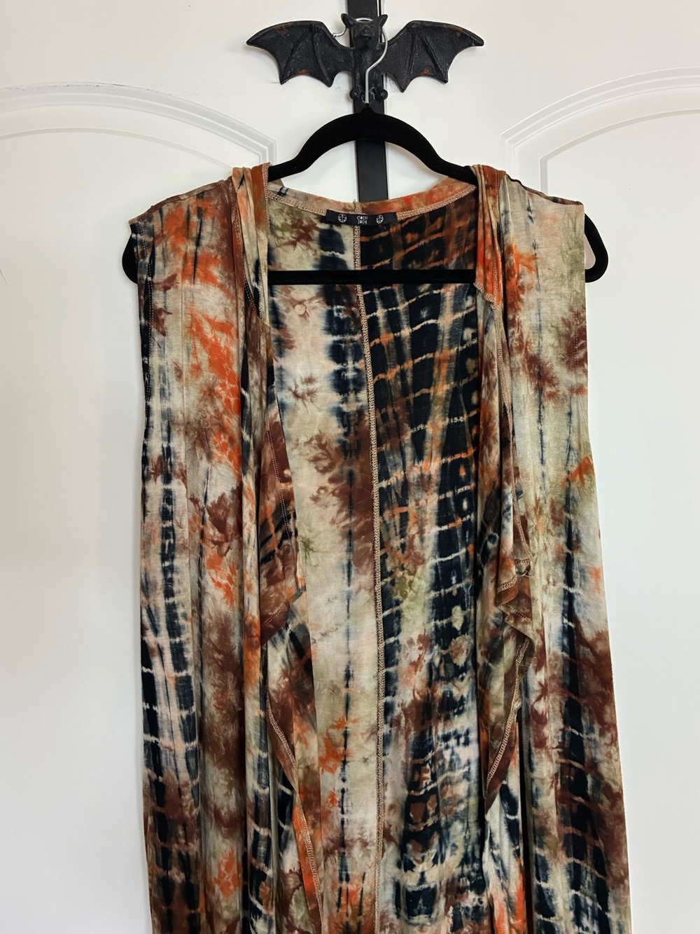 Bohemian Tie-Dye Duster Vest with Hood Brown & Rust Soft Stretchy 1X - Picture 2 of 11